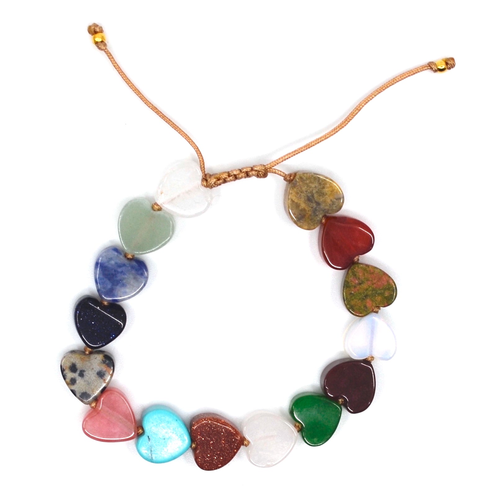 Unieke handgemaakte Bert armband hartjes edelsteen mix, gemaakt van verschillende soorten edelsteen oa goudsteen, unakiet, agaat, sodaliet.