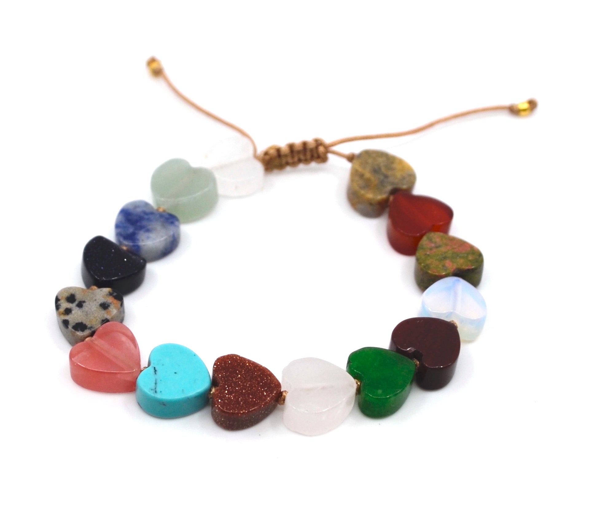 Unieke handgemaakte Bert armband hartjes edelsteen mix, gemaakt van verschillende soorten edelsteen oa goudsteen, unakiet, agaat, sodaliet.