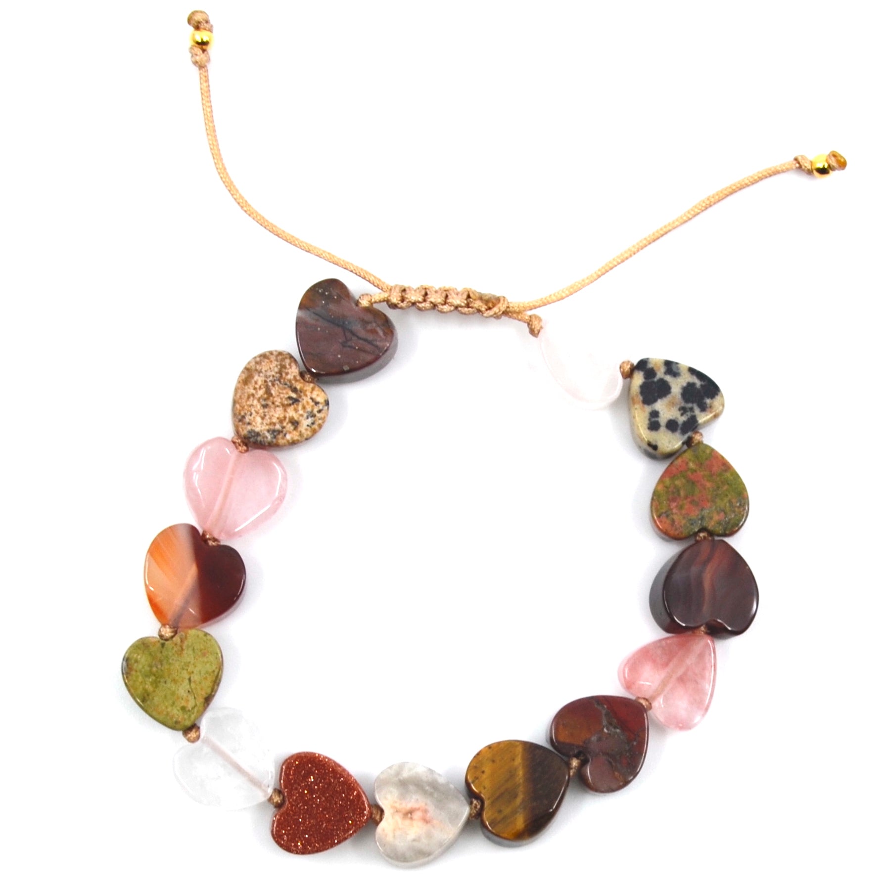 Unieke handgemaakte Bert armband hartjes edelsteen naturel, gemaakt van verschillende soorten edelsteen oa goudsteen, unakiet, agaat, sodaliet.