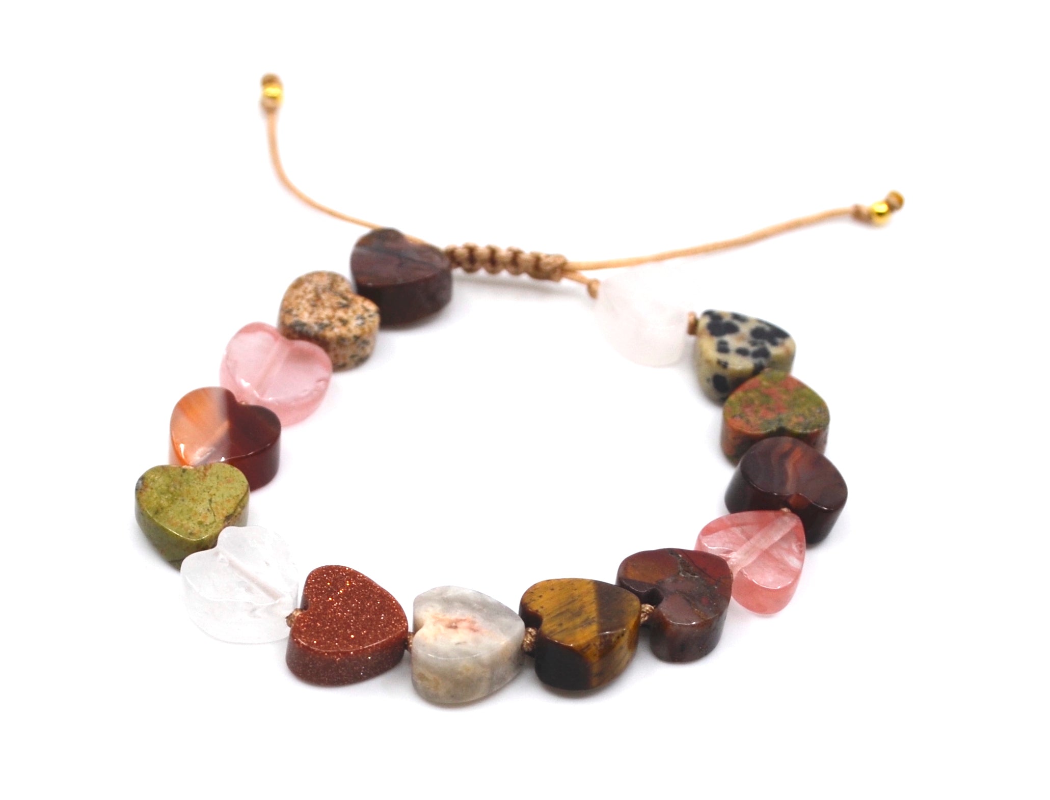 Unieke handgemaakte Bert armband hartjes edelsteen naturel, gemaakt van verschillende soorten edelsteen oa goudsteen, unakiet, agaat, sodaliet.