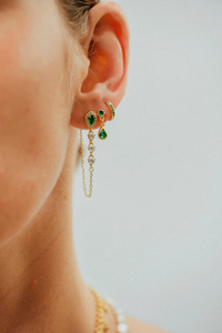 Je ziet oorbellen van Bobby Rose Jewelry in een oor. Het zijn meerdere oorbellen van swarovski en goud.